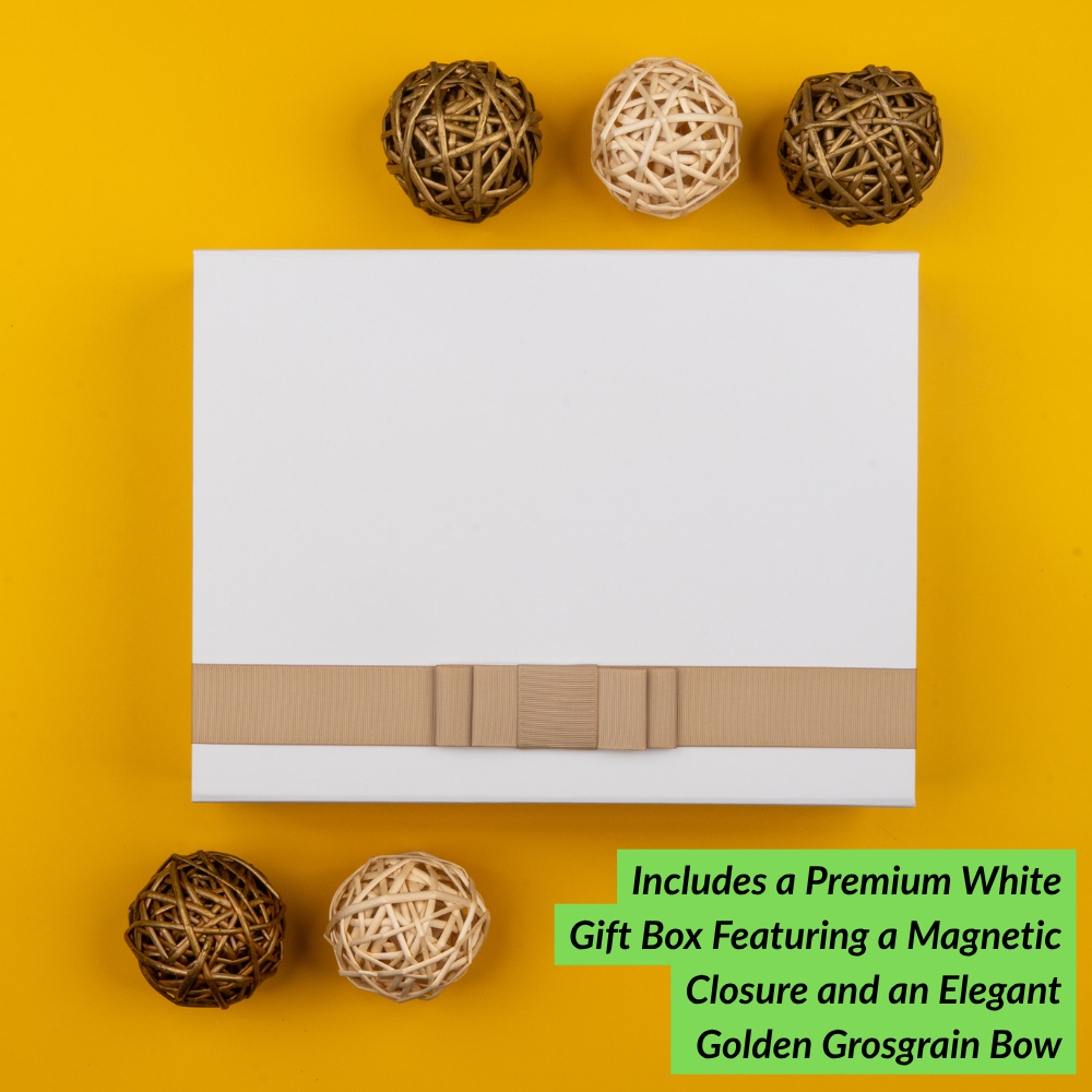 Premium white gift box with magnetic closure and a golden grosgrain bow.