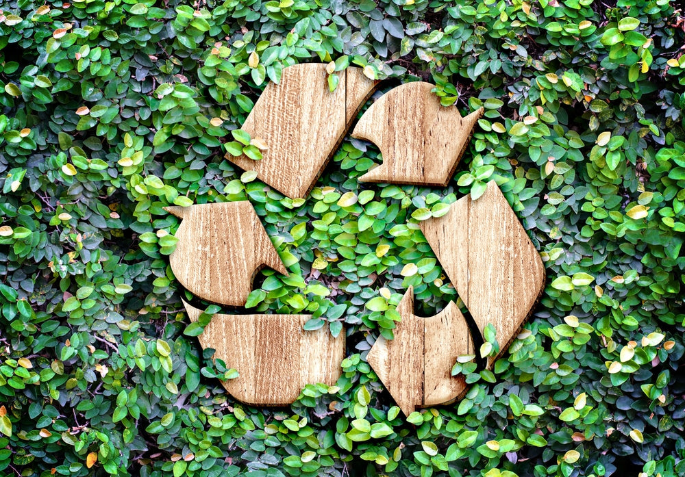 A wooden recycling symbol on a background of green leaves